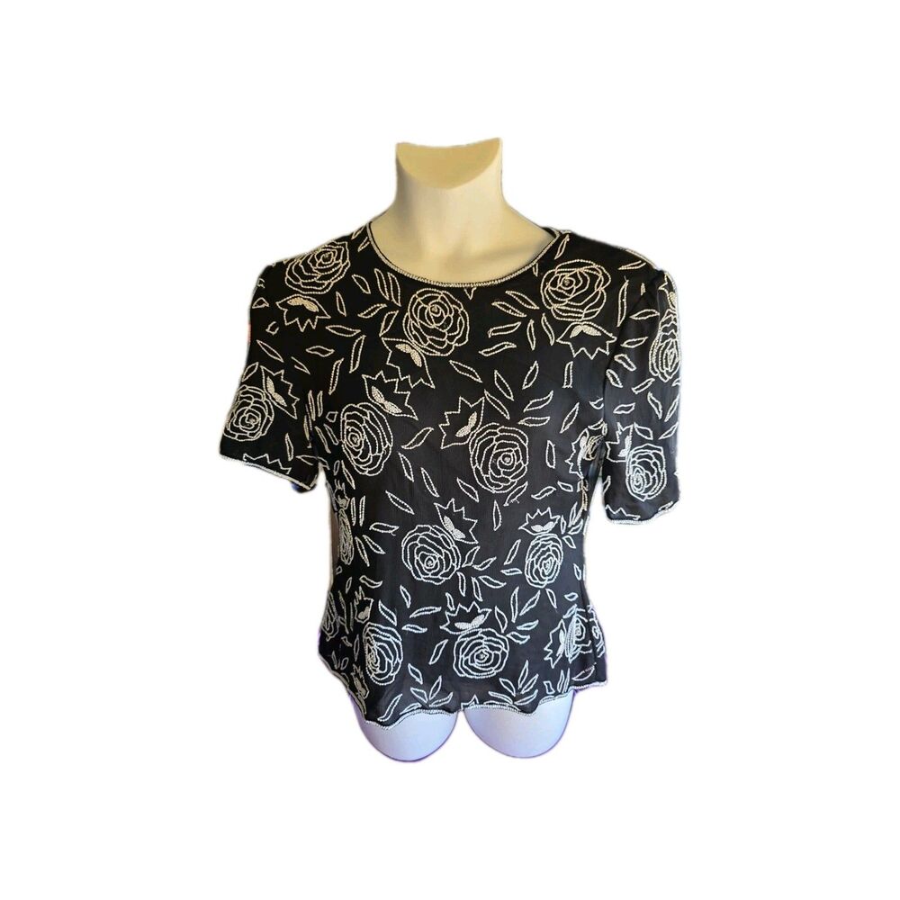 Stenay Vintage Black Silk Beaded Sequin Swirl Top Short Sleeve XL